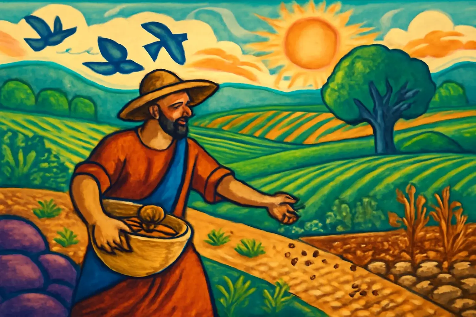 Imagem de Lucas 8 mostrando o semeador espalhando sementes em um campo colorido com aves e solo variado