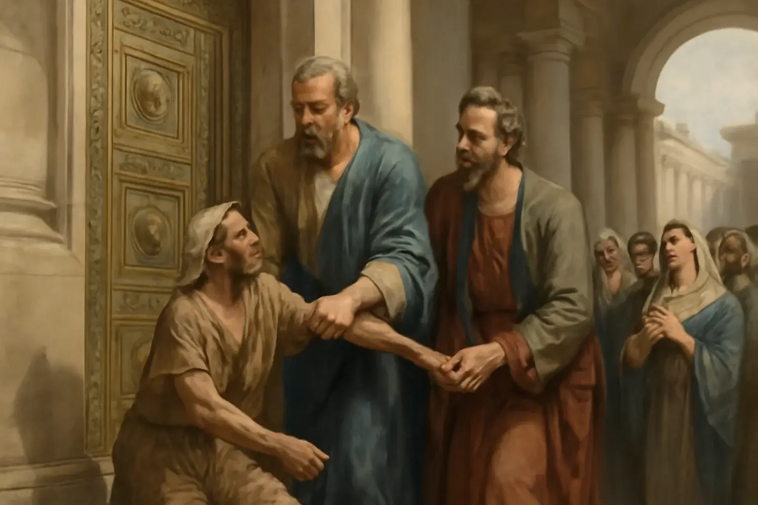 Cena de Atos 3 na entrada do templo com homem coxo sendo ajudado por Pedro e João, multidão admirada, cores naturais e arquitetura antiga.