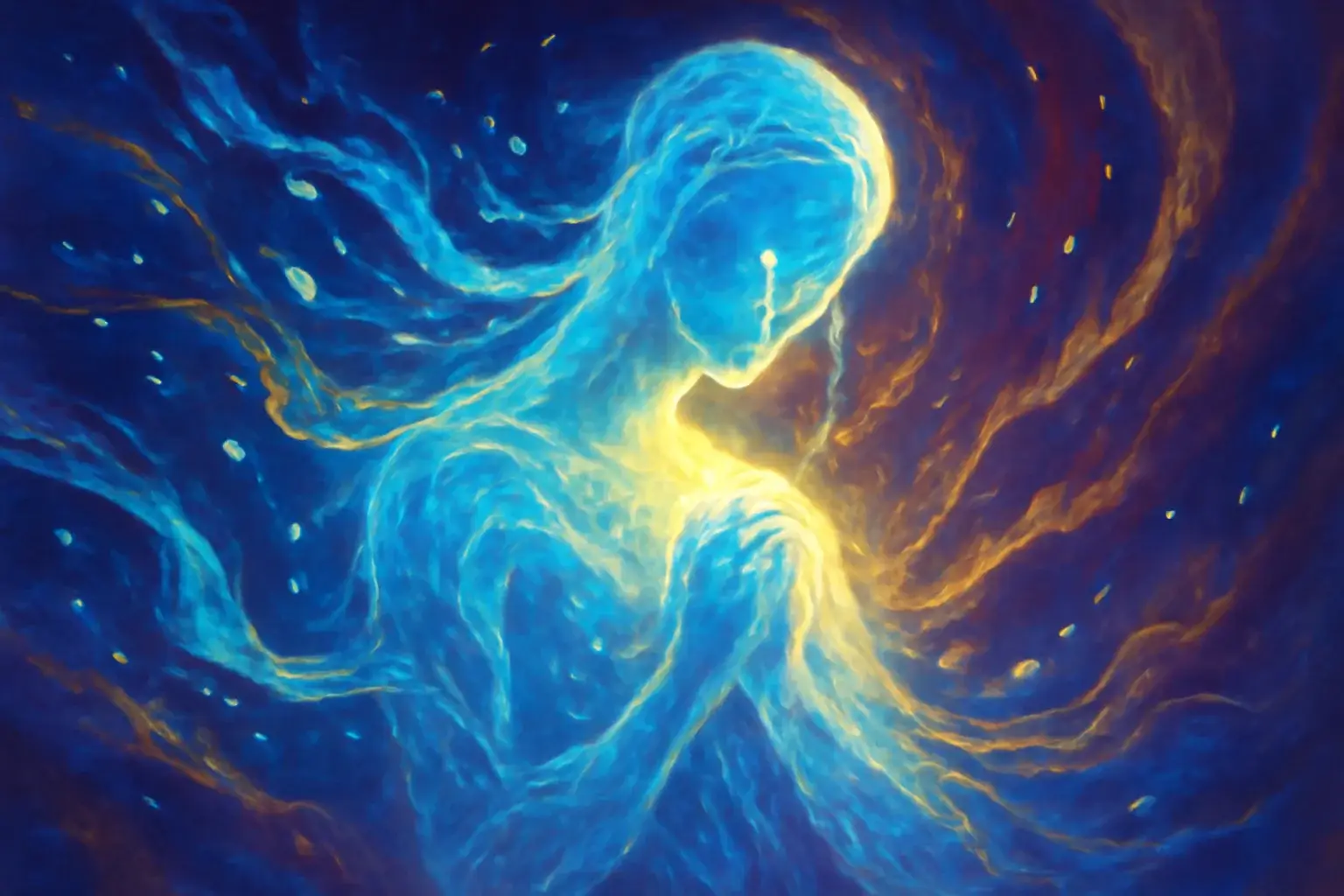 Imagem do Salmo 42 com alma humanoide, água, luz, lágrimas e esperança em fundo azul, roxo e dourado